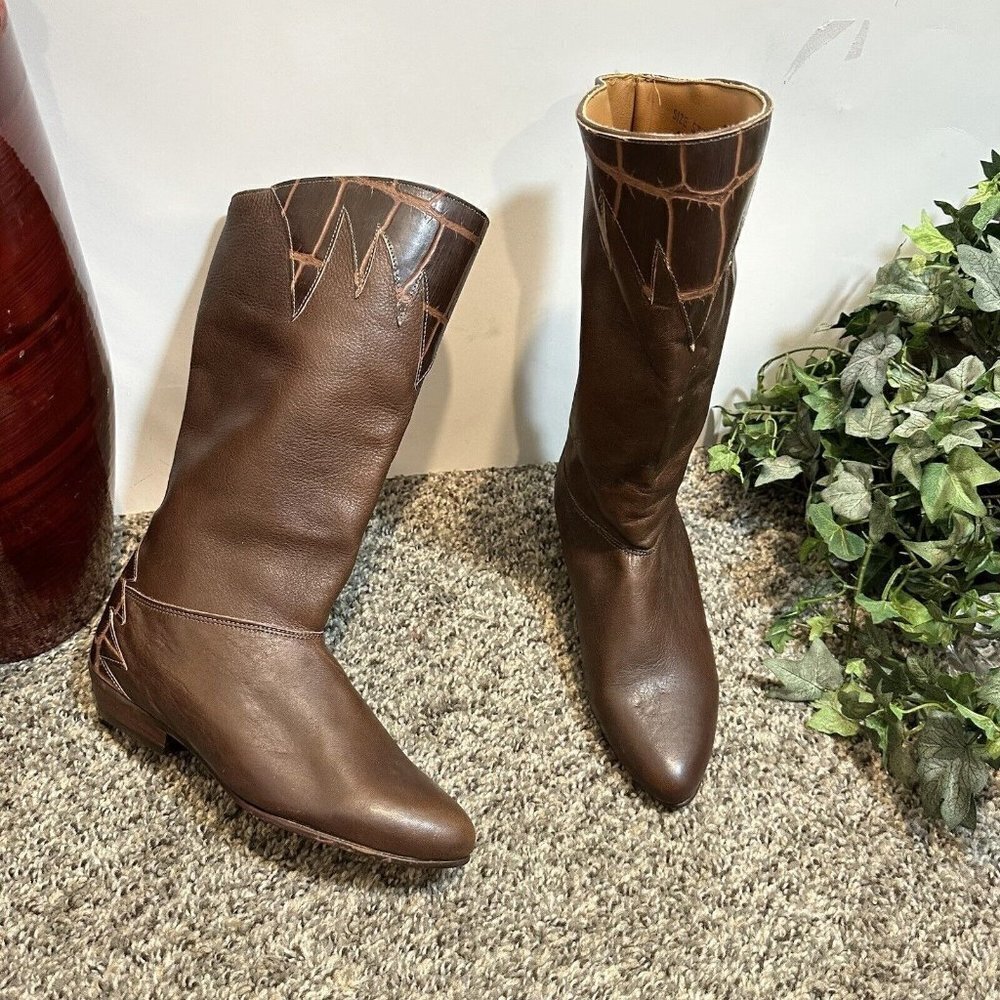 Capezio Vintage Knee High Cowboy Western Boots Size 5 Made In USA Brown Leather - Picture 2 of 11